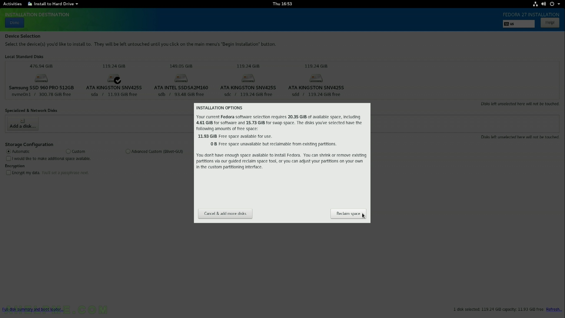 Not enough space to install required resources. Fedora gui. Fedora Boot install options. Storage configuration. Fedora installer Disk Mapper.